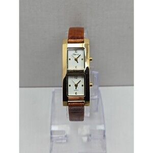 Womens Orvis Dual Time Tank Quartz Watch Gold Tone Brown Leather New Batteries